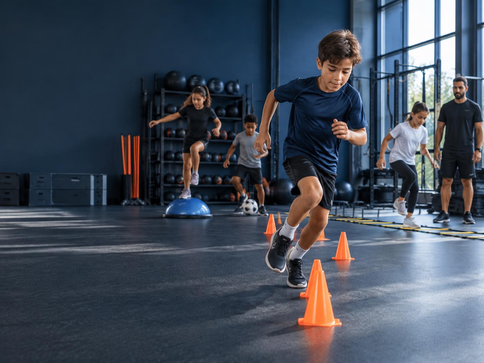 Crianças praticando agilidade, equilíbrio e coordenação em um espaço esportivo